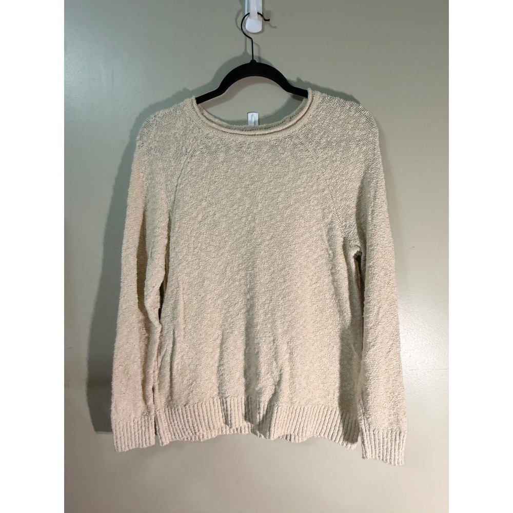 LL Bean Womens Cream 100% Cotton Raglan Crewneck Sweater Size M‎ 506299